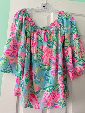 Lilly Pulitzer Pink & Aqua Floral Off-Shoulder Top